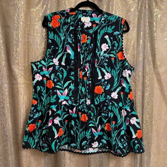 Kate Spade Black Floral Colorful Hummingbird Jardin Poplin Top XL - Picture 1 of 9
